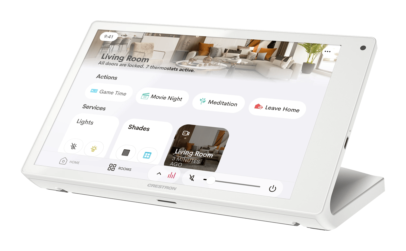 Crestron TS-880R-W Tisch-Touchscreen in einem Wohnzimmer.