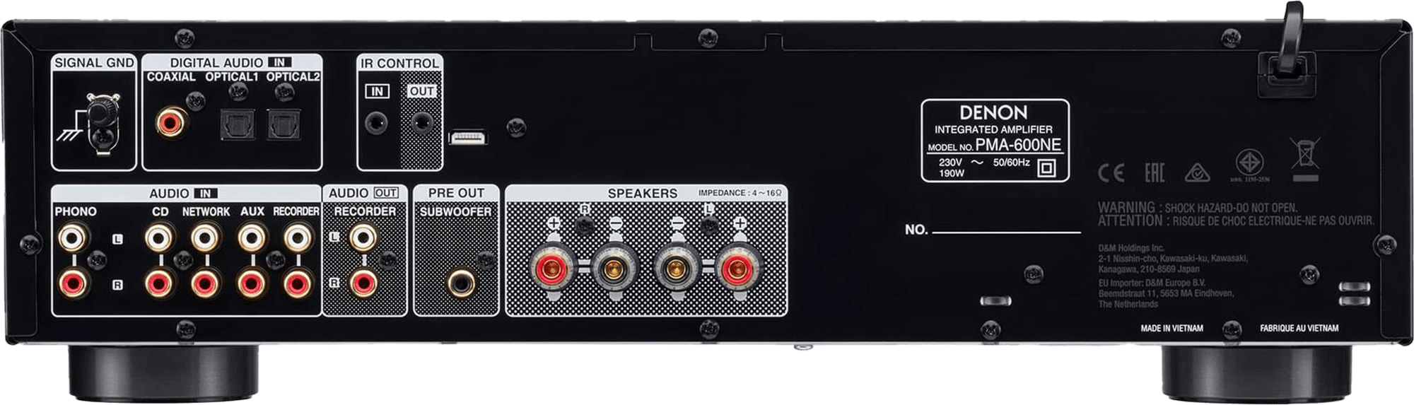 Rückansicht des Denon PMA-600NE Vollverstärkers mit verschiedenen Audioanschlüssen.
