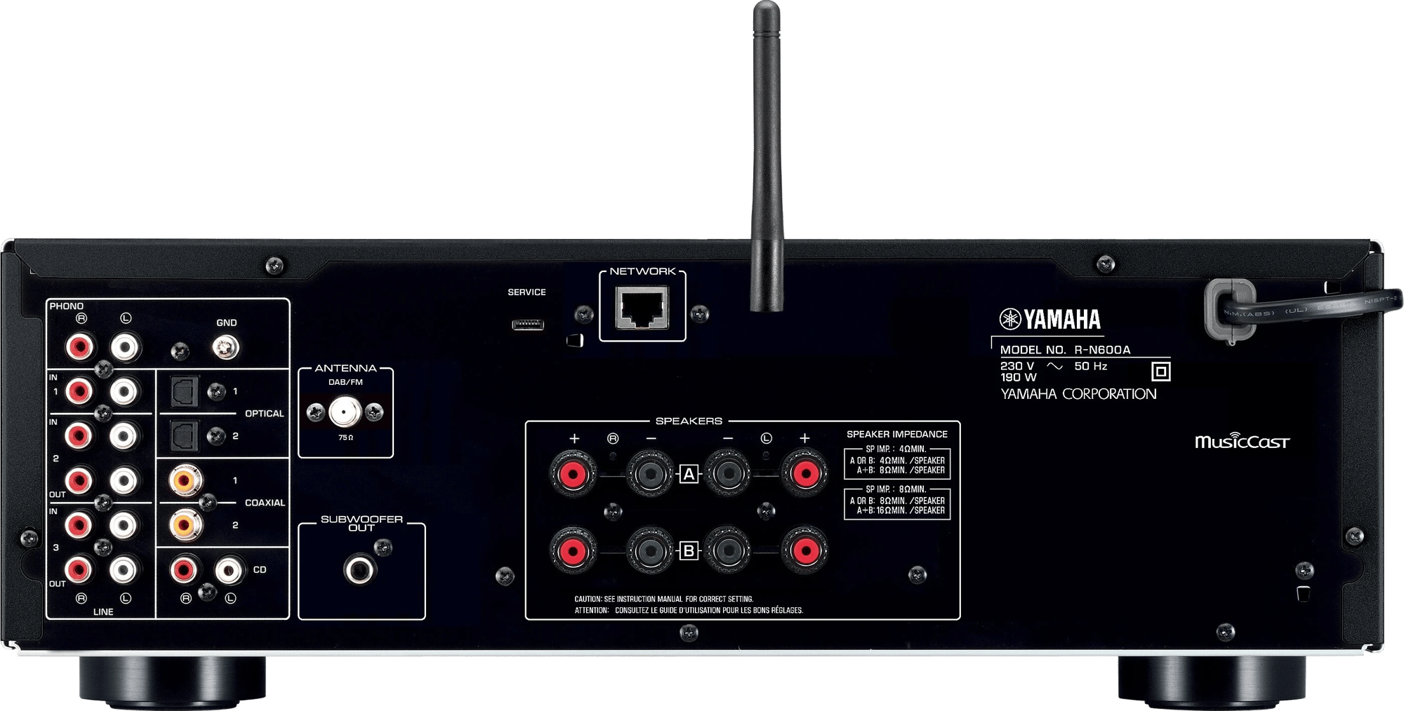 Rückansicht des Yamaha R-N600A Netzwerk-Receivers mit verschiedenen Anschlüssen.