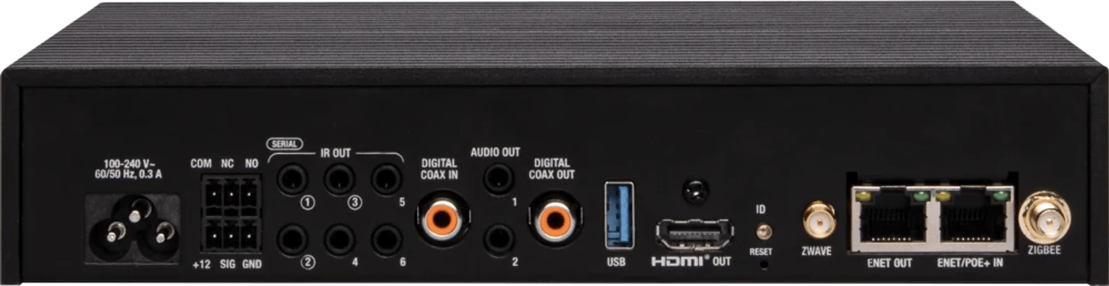 Rückansicht des Control4 CORE 3 Controllers mit verschiedenen Anschlüssen.