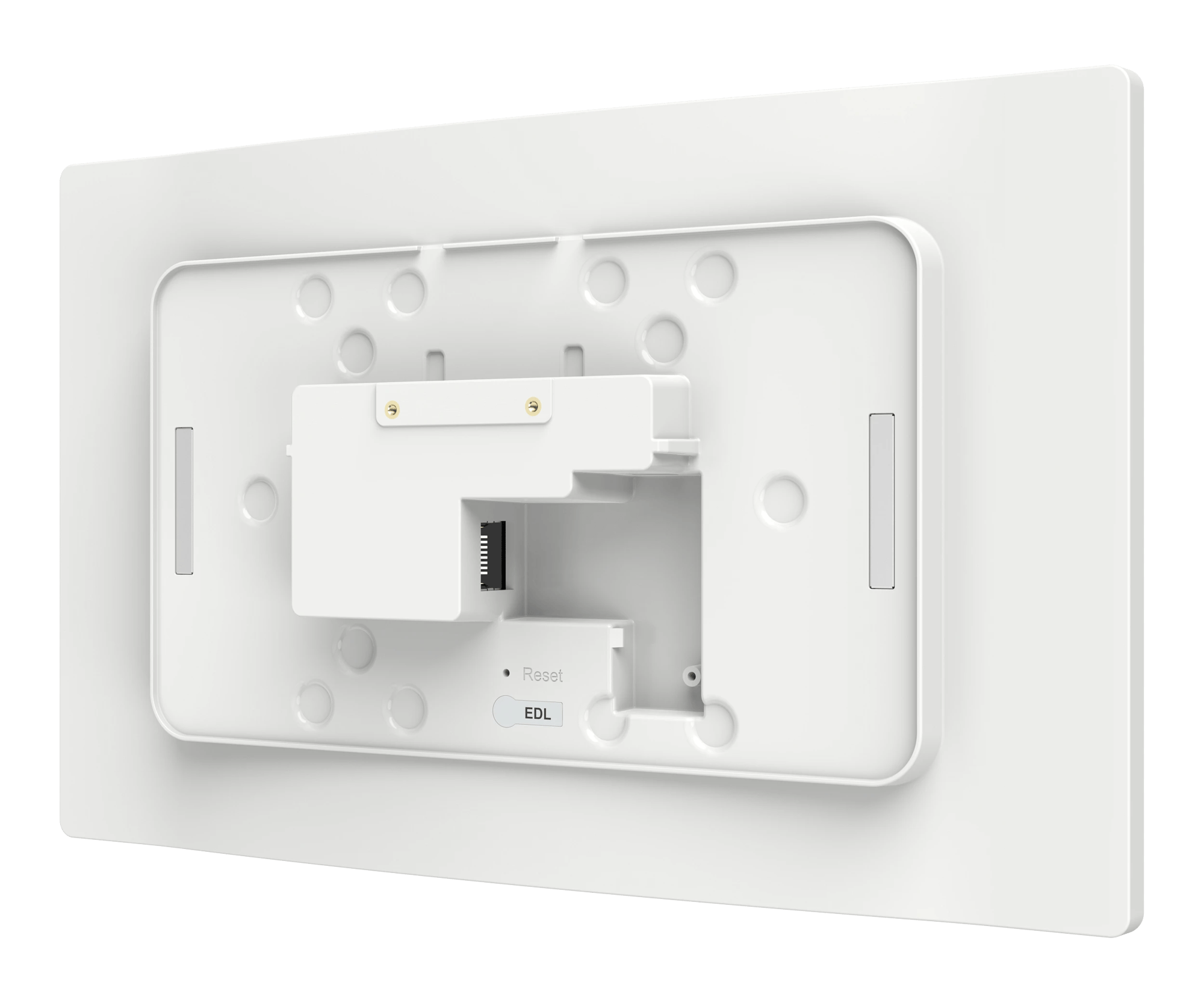 Rückansicht links des Crestron TSW-1080R-W Wandmontage-Touchscreens, Anschlüsse und Reset-Taste sichtbar.