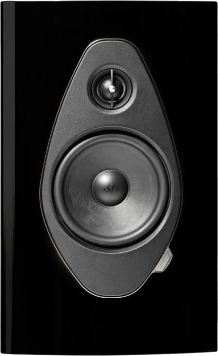 Frontansicht des Sonus faber Sonetto Wall G2 Lautsprechers in schwarzer Ausführung.