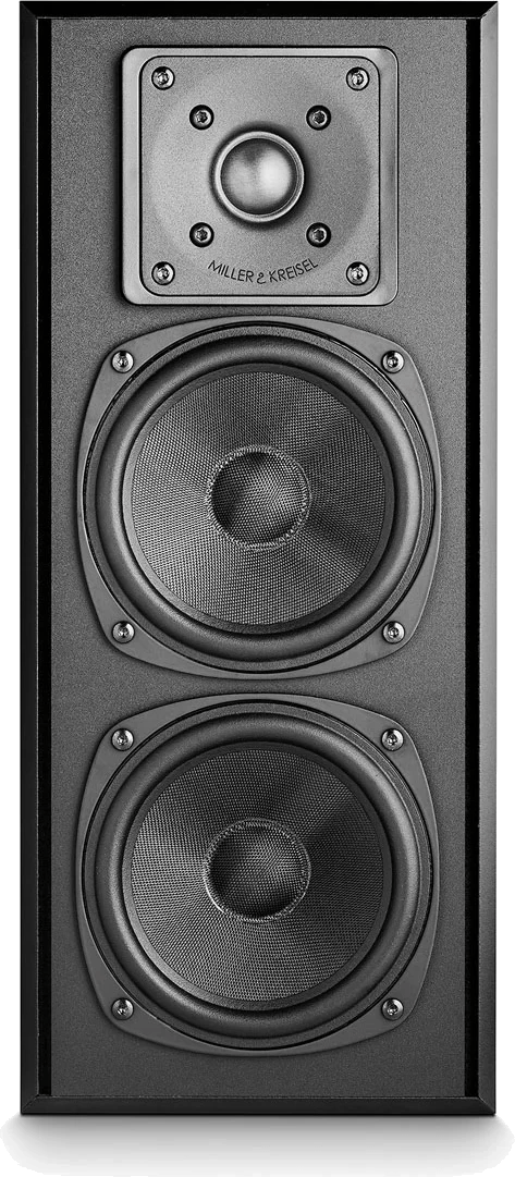 Frontansicht des M&K Sound LCR750 Lautsprechers in schwarzem Vinyl.