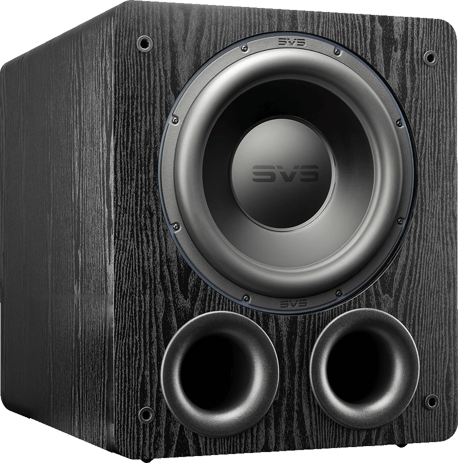 SVS PB-3000 Subwoofer mit zwei Ports und schwarzem Holzfinish.
