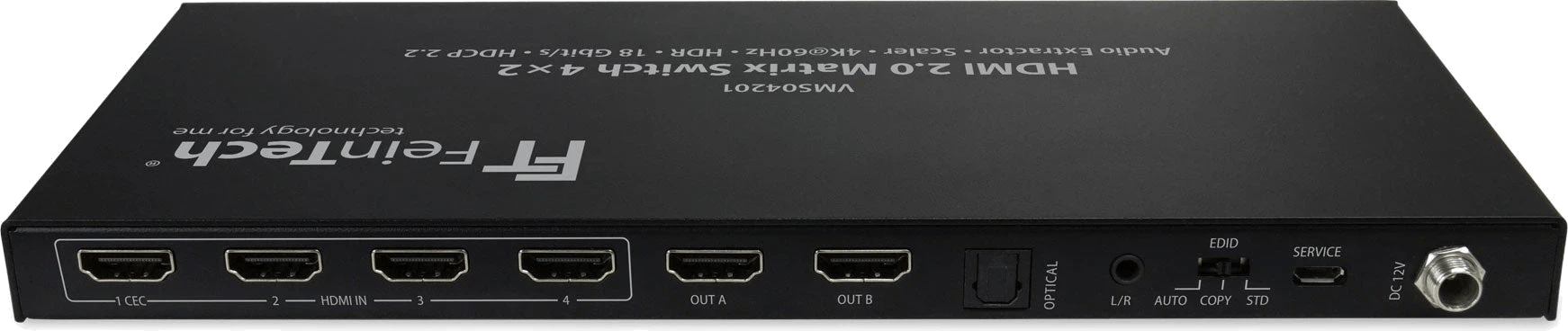 Rückansicht des FeinTech VMS04201 HDMI 2.0 Matrix Switch 4x2 mit sichtbaren Anschlüssen.