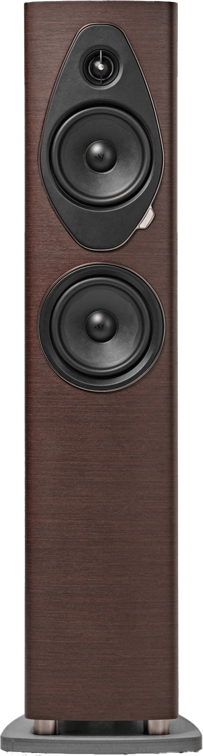 Frontansicht des Sonus faber Sonetto III G2 Standlautsprechers in Walnuss-Finish.