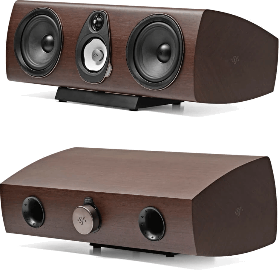 Sonus faber Sonetto Center G2, Front- und Rückansicht, Walnuss-Finish, Anschlüsse sichtbar.