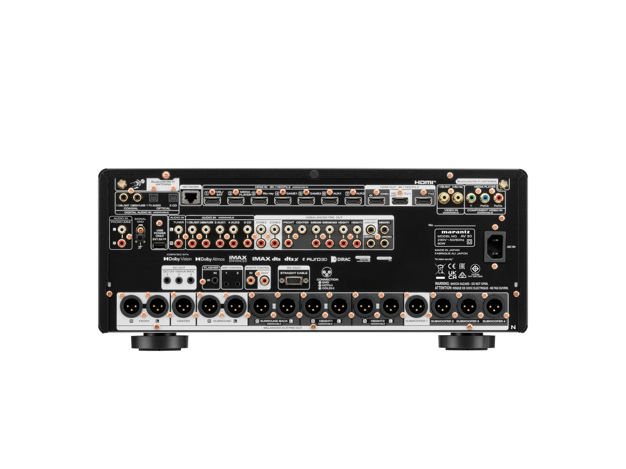 Rückansicht des Marantz AV30 AV-Vorverstärkers mit verschiedenen Anschlüssen.