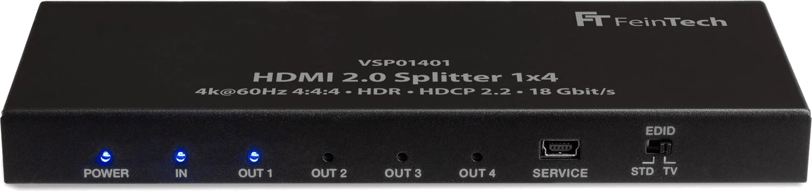 Frontansicht des FeinTech VSP01401 HDMI 2.0 Splitters 1x4 mit sichtbaren Anschlüssen.