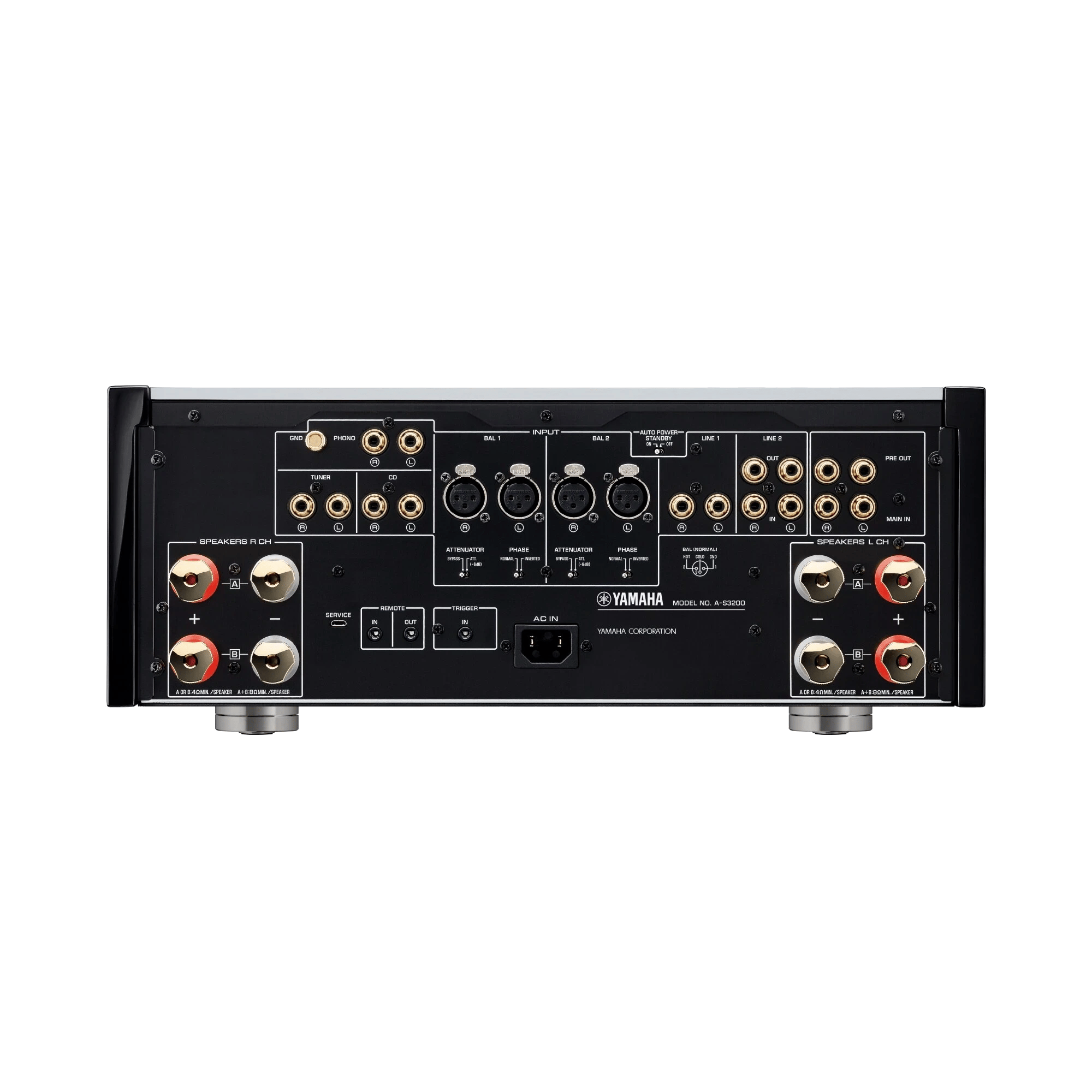 Rückansicht des Yamaha A-S3200 Stereo-Vollverstärkers mit verschiedenen Ein- und Ausgängen.