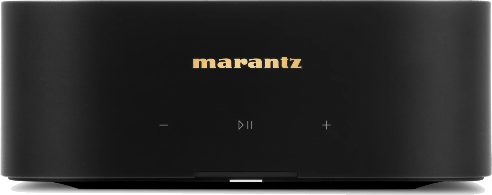 Marantz MODEL M1 in Schwarz, gerade von vorn, mit Marantz-Schriftzug und den Sensortasten für Lautstärke und Wiedergabe.