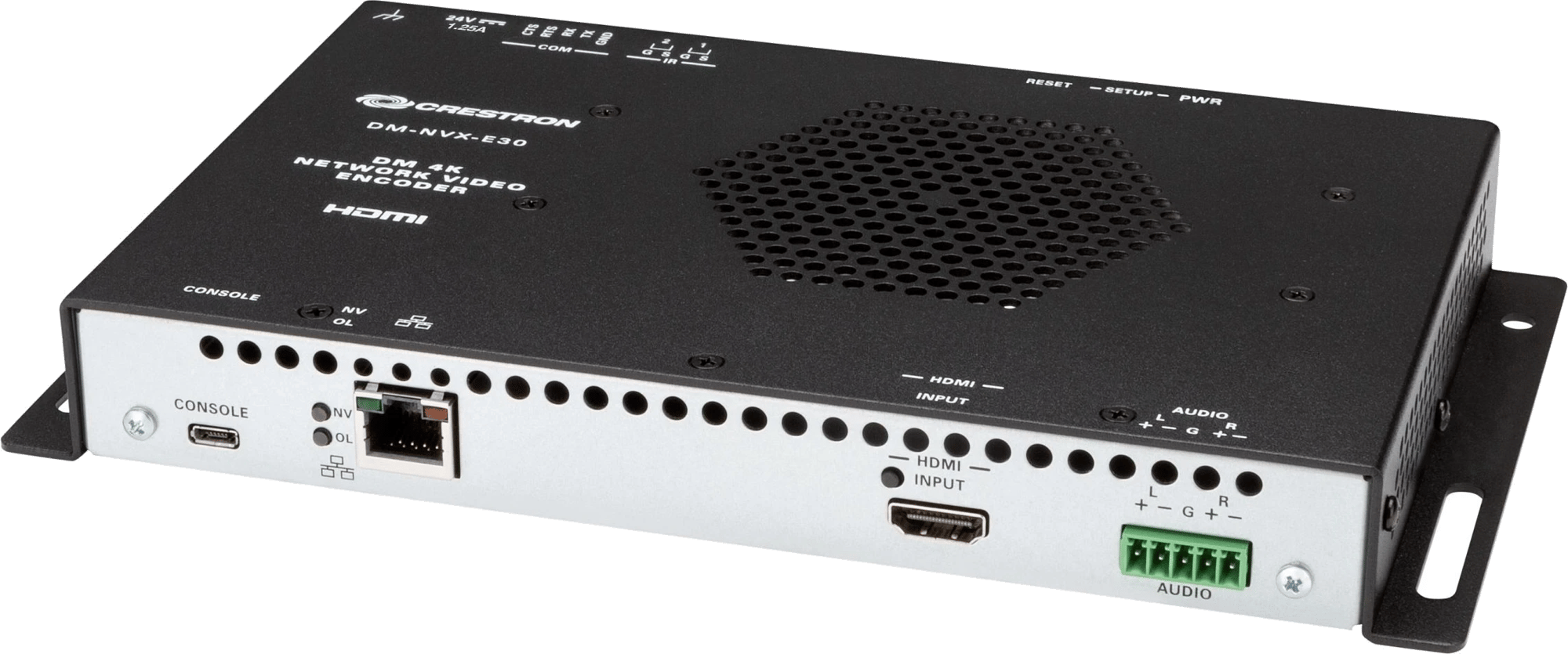 Rückansicht des Crestron DM-NVX-E30 Netzwerk-AV-Encoders mit HDMI- und Audioanschlüssen.