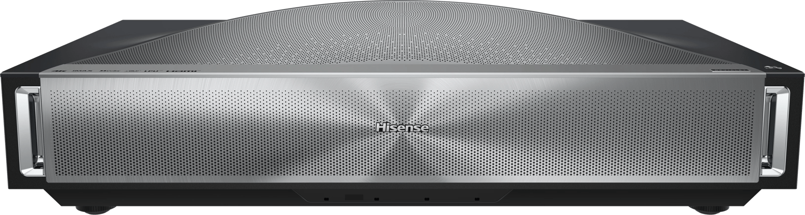 Frontalansicht des Hisense PX4 Pro Projektors mit sichtbaren Anschlüssen.