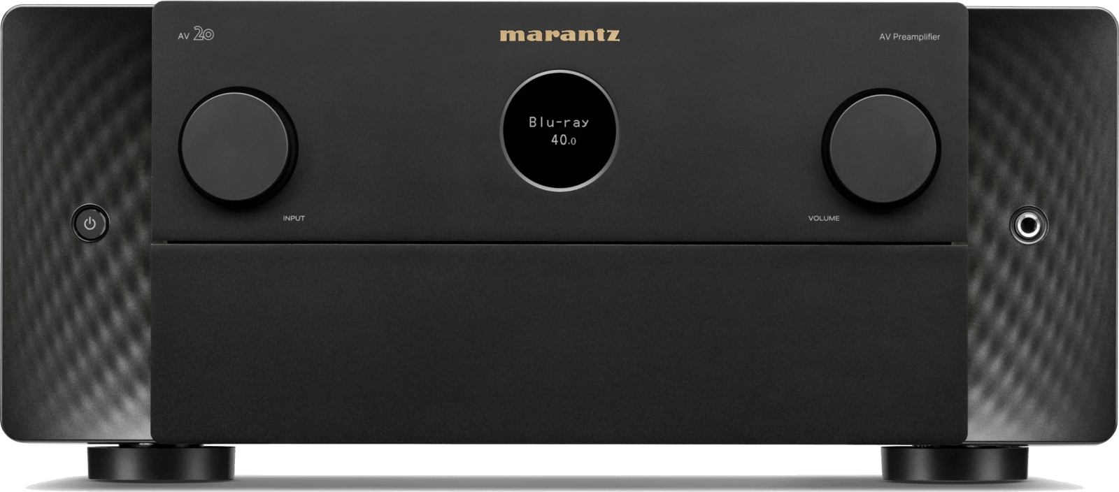 Frontansicht des Marantz AV20 High-End AV-Vorverstärkers in Schwarz.
