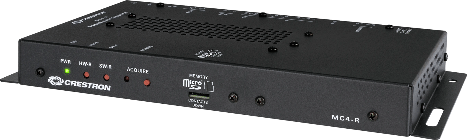 Crestron MC4-R-I Wohnkontrollsystem, Front-Linksansicht mit sichtbaren Anschlüssen.