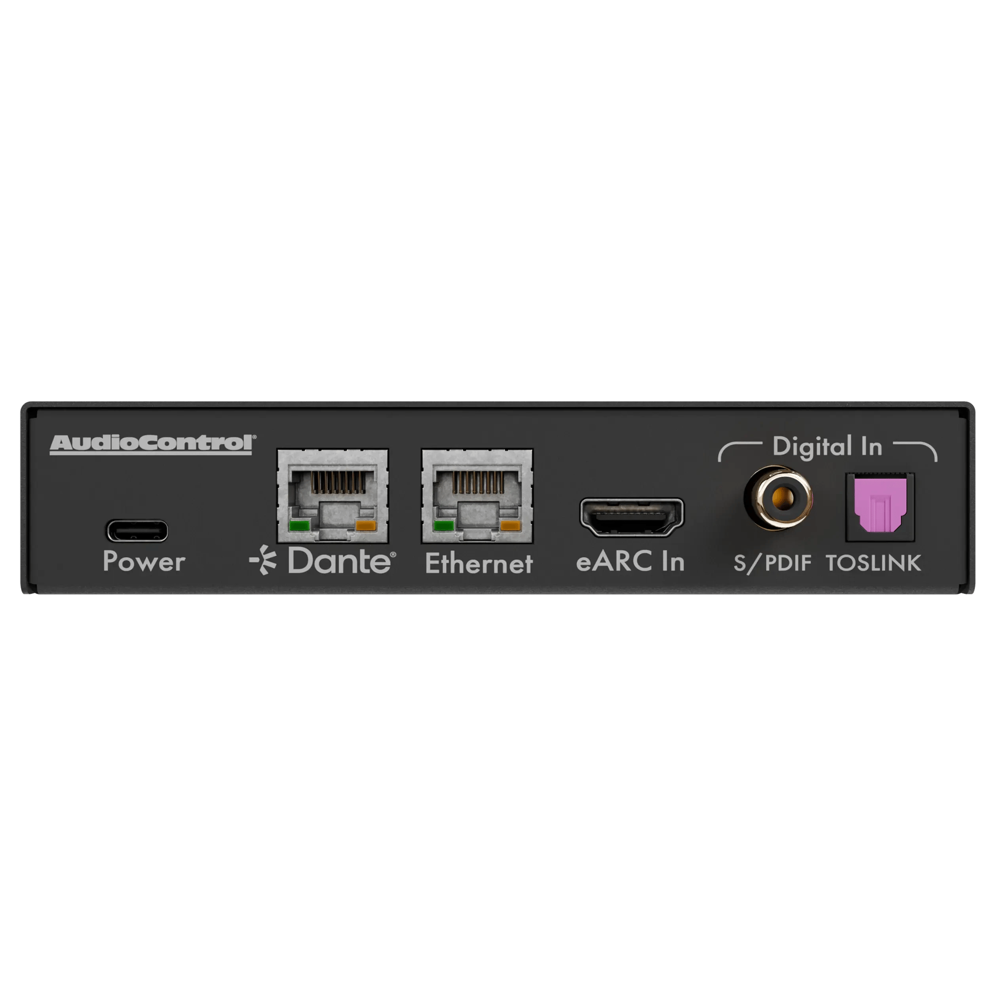 Rückansicht des AudioControl Hyperion AXIS-10 mit Anschlüssen wie Dante, Ethernet, eARC und Digital In.