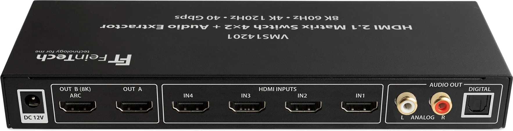 Rückansicht des FeinTech VMS14201 HDMI 2.1 Matrix Switch 4x2 mit Audio-Extractor, der Anschlüsse zeigt.