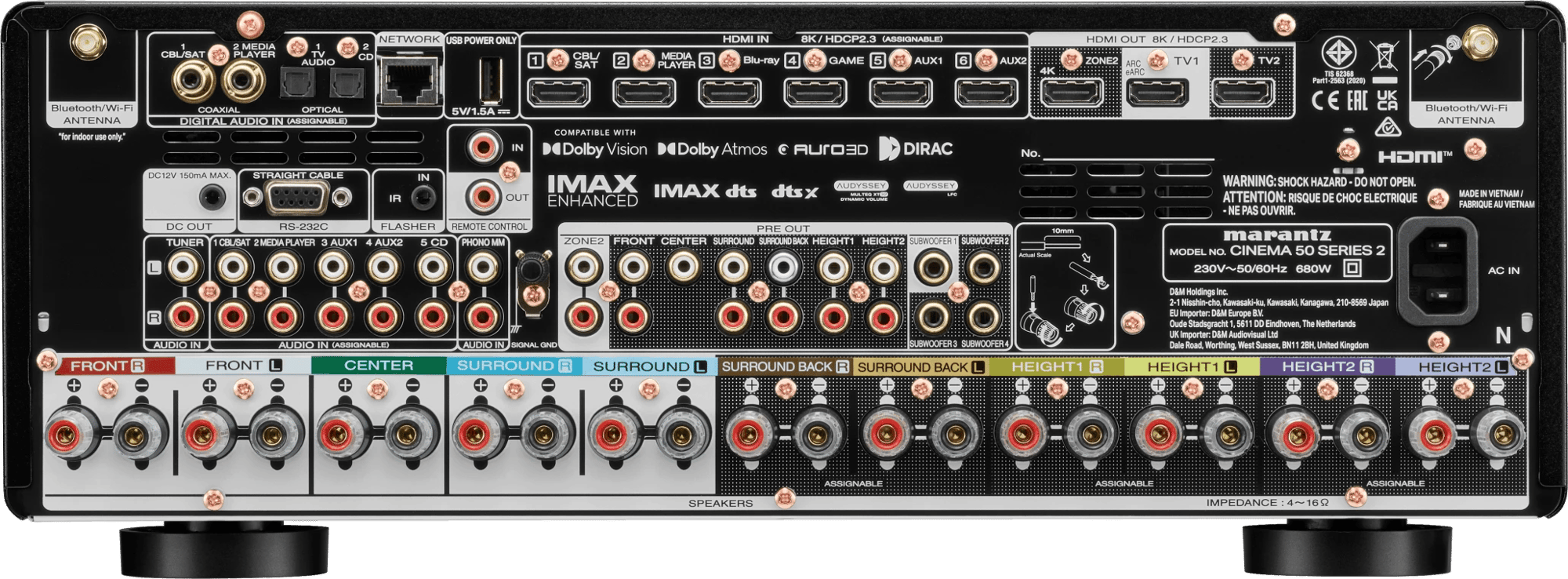 Rückansicht des Marantz Cinema 50 S2 AV-Receivers mit verschiedenen Ein- und Ausgängen.