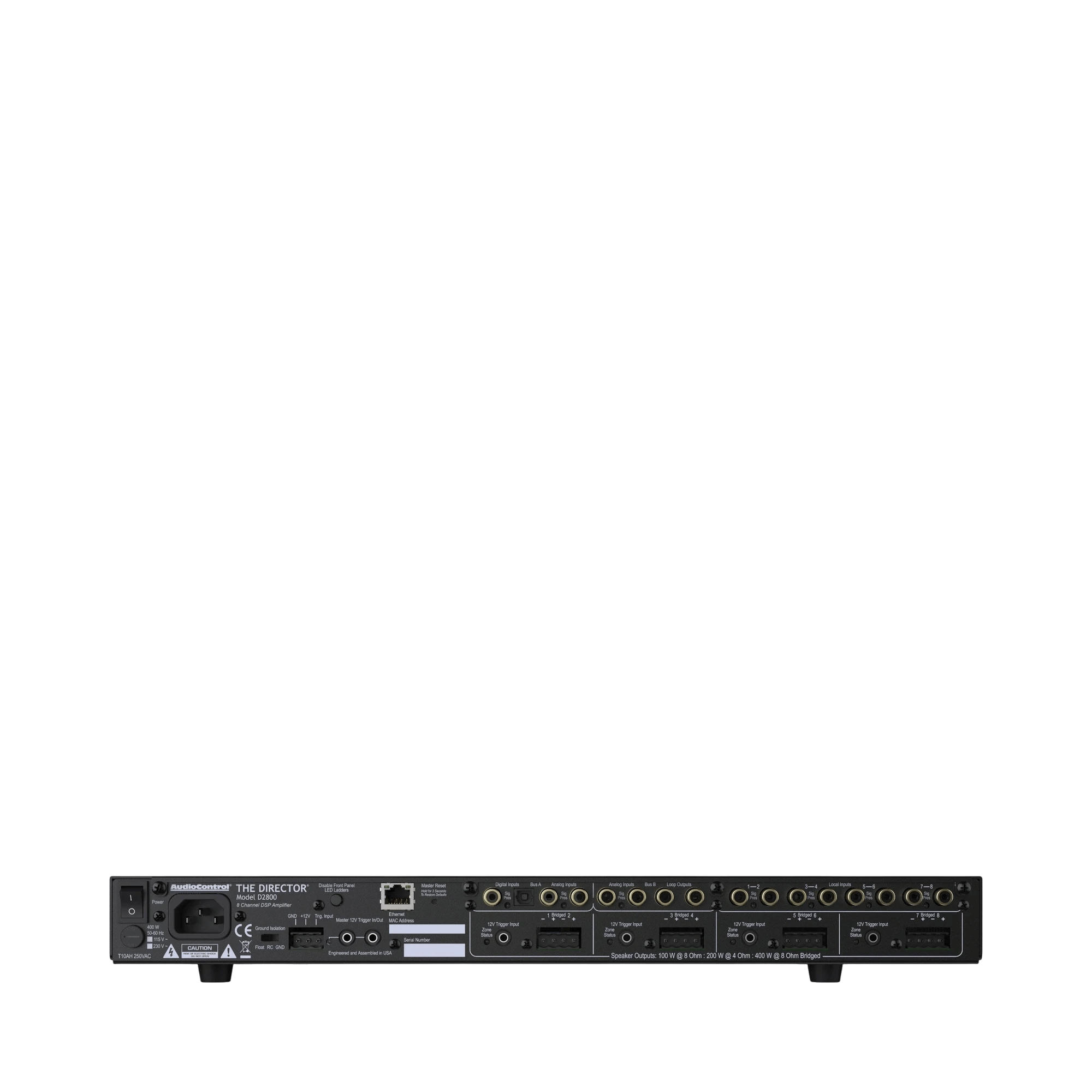 Rückansicht des AudioControl Director D2800 Verstärkers mit verschiedenen Anschlüssen.