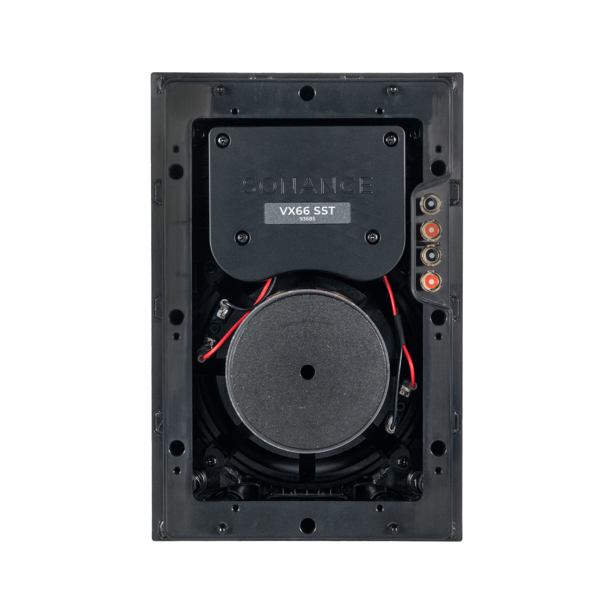 Rückansicht des Sonance VX66 SST Lautsprechers mit Anschlüssen und internen Komponenten.