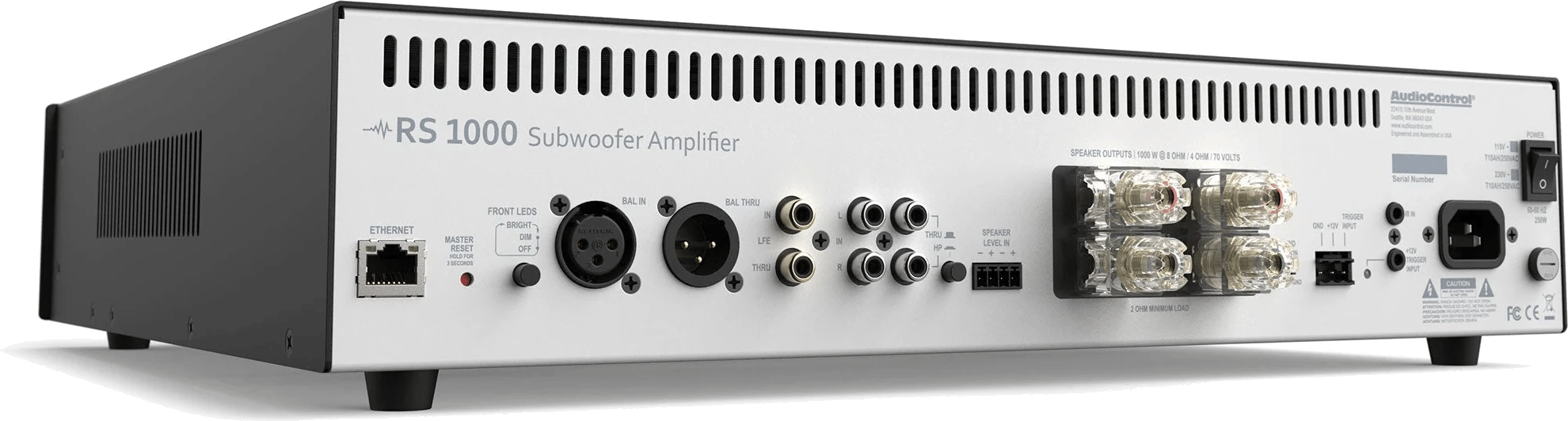 Rückansicht des AudioControl RS 1000 Subwoofer-Verstärkers mit Anschlüssen und Verbindungen.