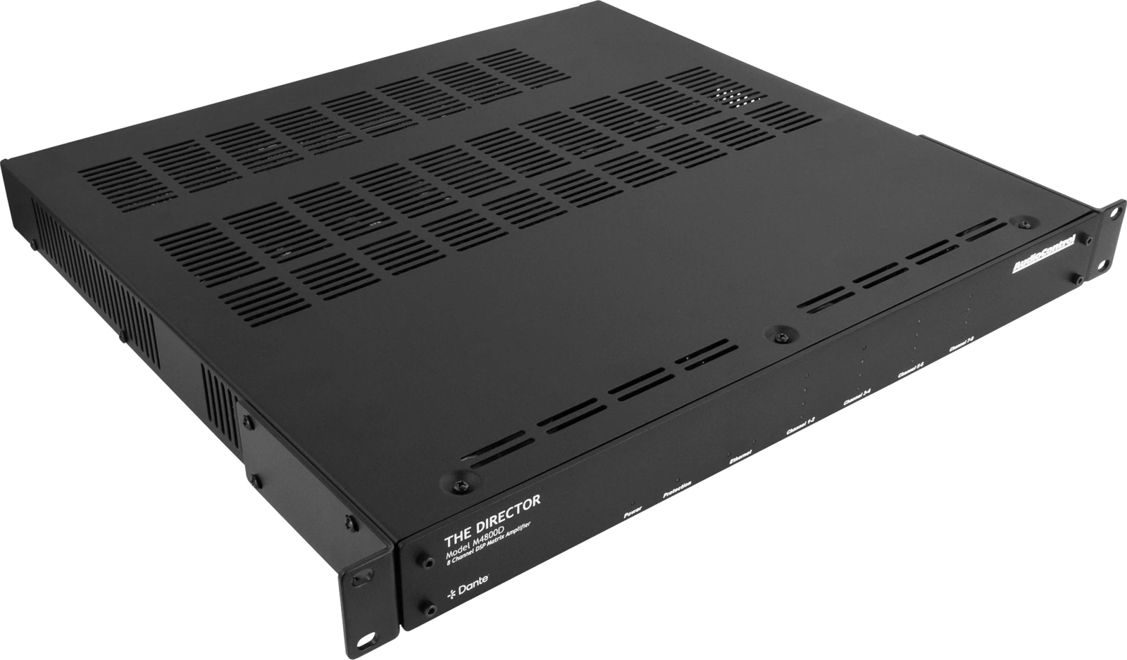 AudioControl Director M4800D Verstärker aus einer Front-Rechts-Perspektive.