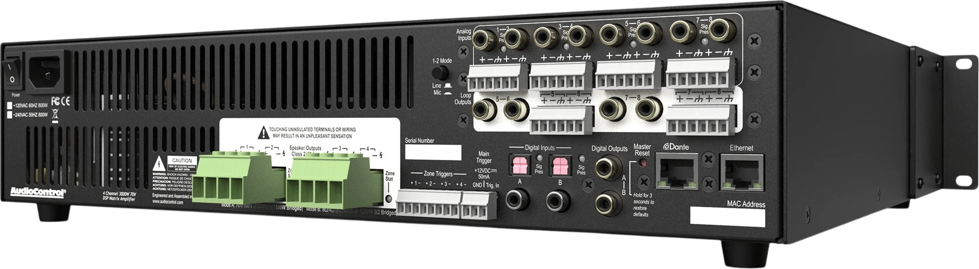 AudioControl CM4-750D Rückansicht mit Anschlüssen und Steckplätzen.