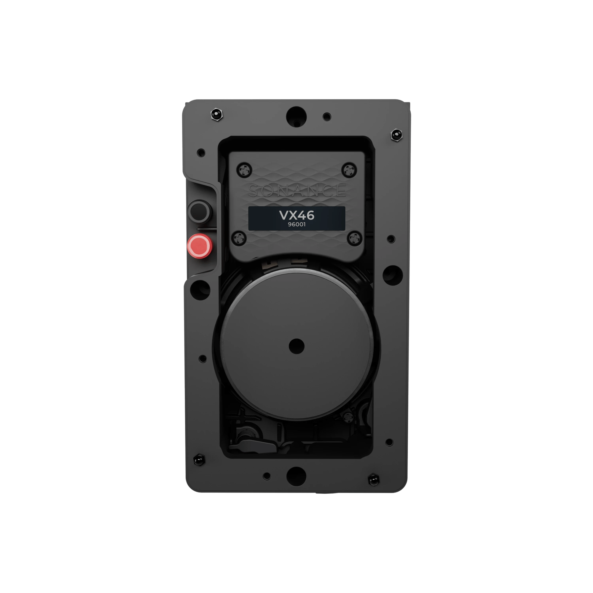 Rückansicht des Sonance VX46 Lautsprechers mit Anschlüssen und Modellinformationen.