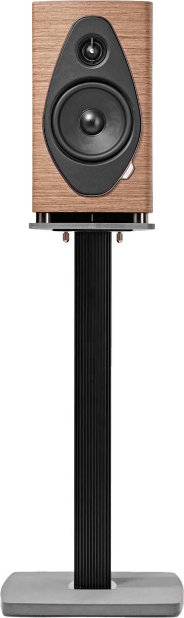 Frontansicht des Sonus faber Sonetto II G2 Regallautsprechers in Walnuss-Finish.
