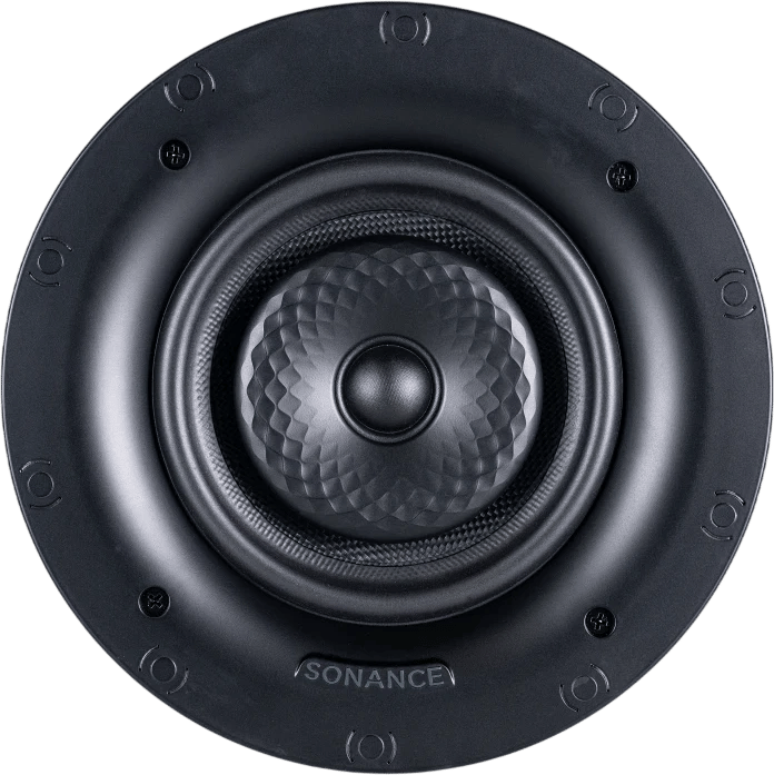 Frontansicht des Sonance VX62R TL 6" Rund-Deckenlautsprechers mit weißem Mikrotrim-Gitter.