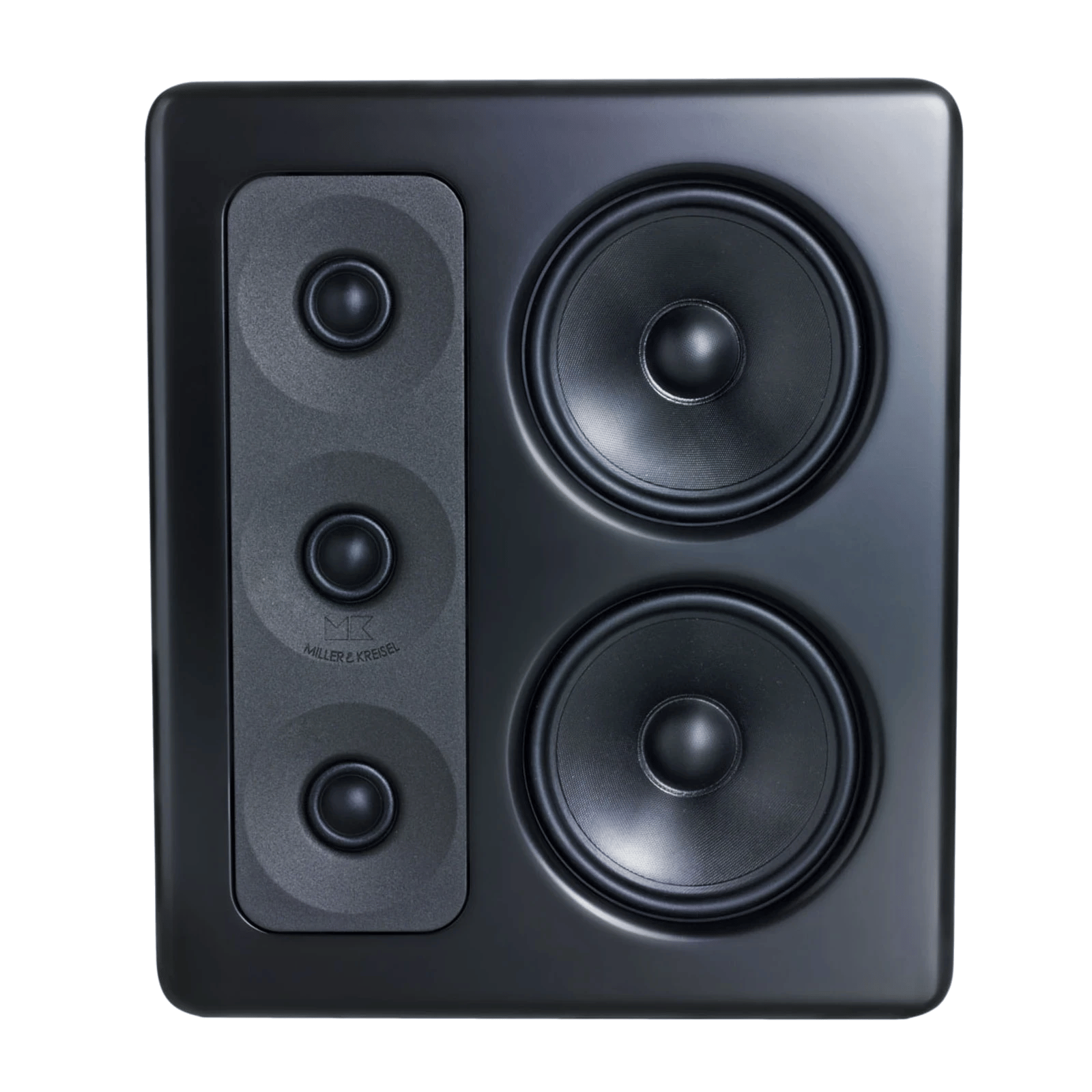 Frontansicht des schwarzen MP300 L Lautsprechers mit zwei Tieftönern.