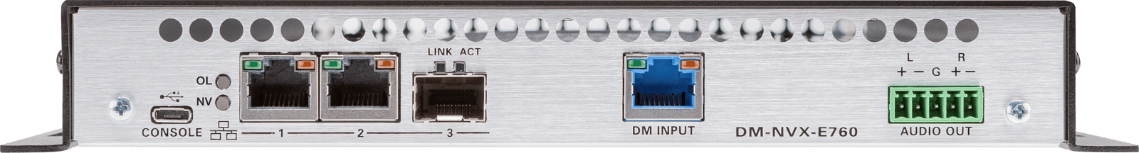 Rückansicht des Crestron DM-NVX-E760 mit sichtbaren Anschlüssen und Ports.