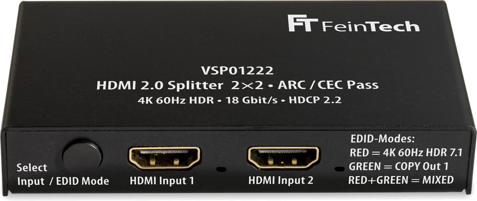 Frontansicht des FeinTech VSP01222 HDMI 2.0 Dual-Splitters 1x2 mit ARC Pass und Scaler.