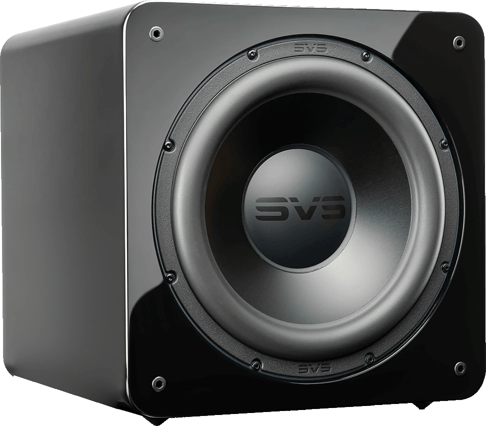 SVS SB-2000 Pro Subwoofer in schwarzer Ausführung, Ansicht von vorne-rechts.