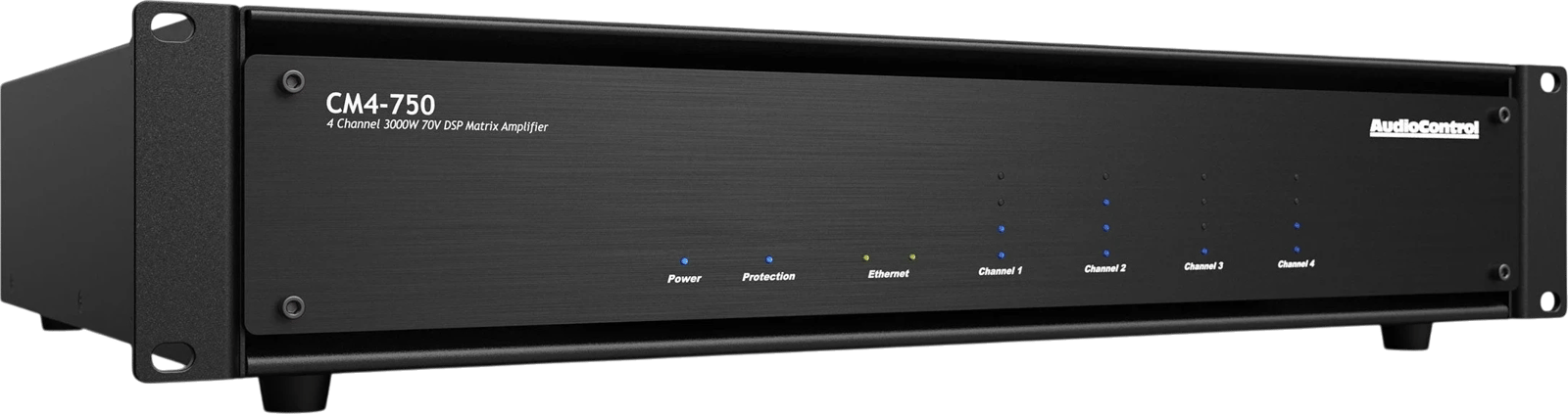 AudioControl CM4-750 4-Kanal 3000W 70V DSP-Matrixverstärker, Vorderansicht rechts.