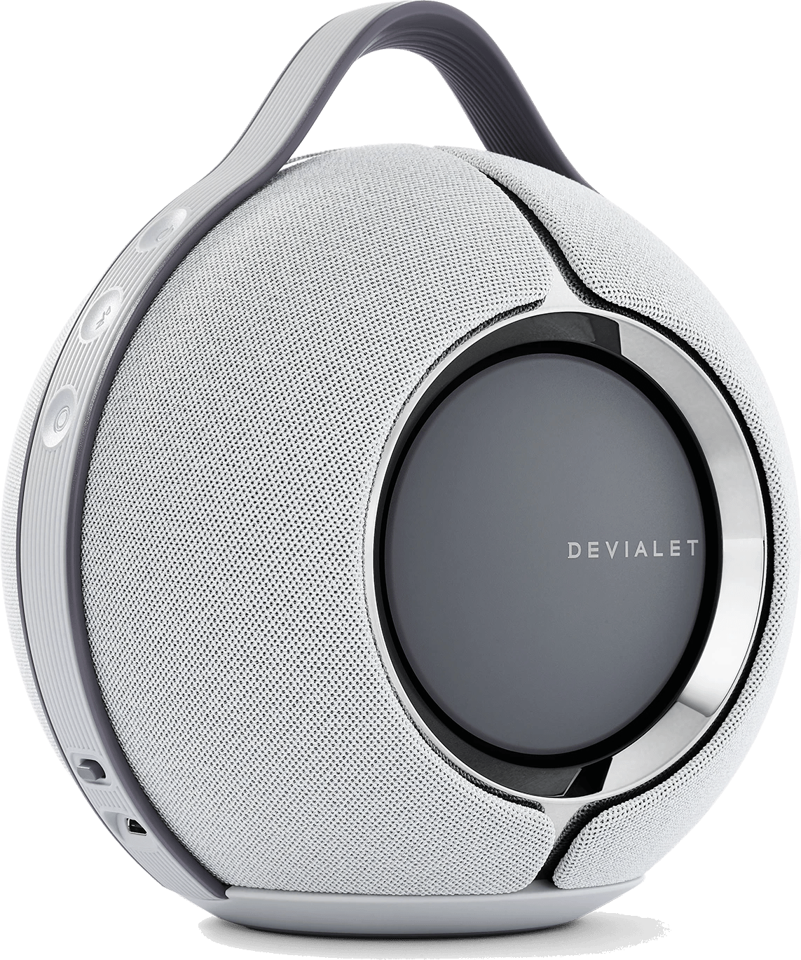 Tragbarer HiFi-Lautsprecher Devialet Mania in Hellgrau, Ansicht von vorne-rechts.