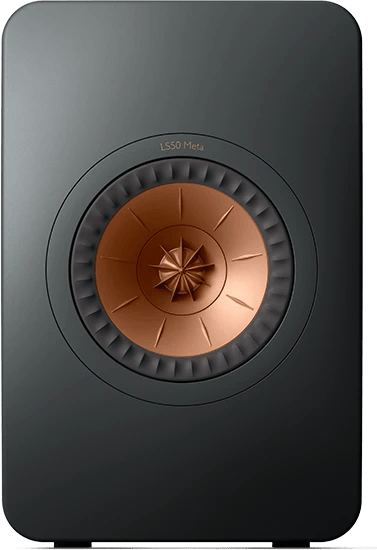 Frontansicht des KEF LS50 Meta Lautsprechers in Carbon Schwarz.