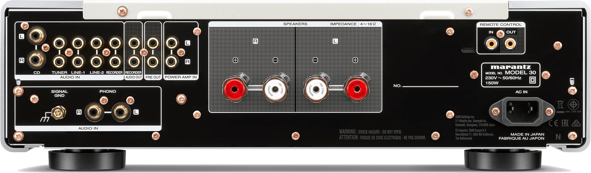 Rückansicht des Marantz MODEL 30 Stereo-Vollverstärkers mit verschiedenen Ein- und Ausgängen.