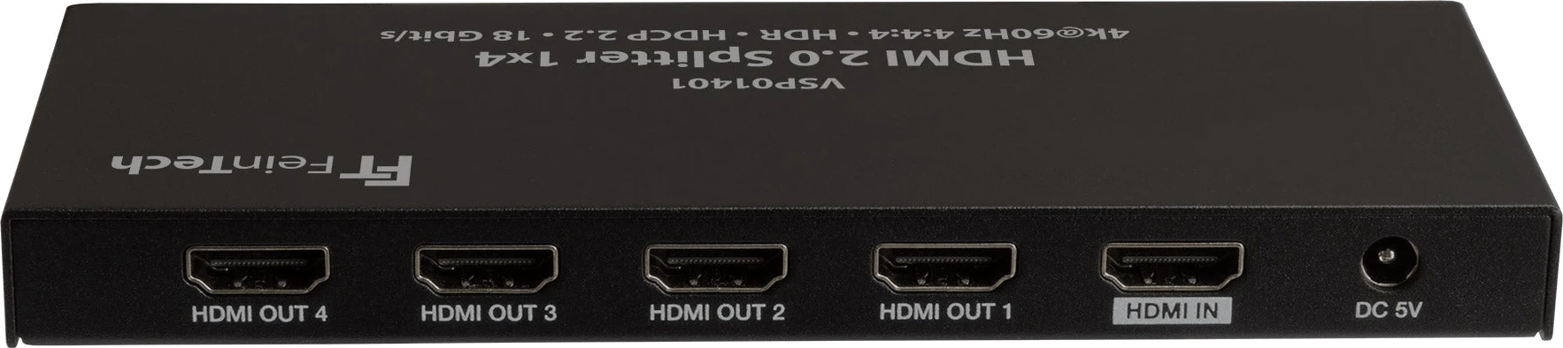 Frontansicht des FeinTech VSP01401 HDMI 2.0 Splitters 1x4 mit sichtbaren Anschlüssen.