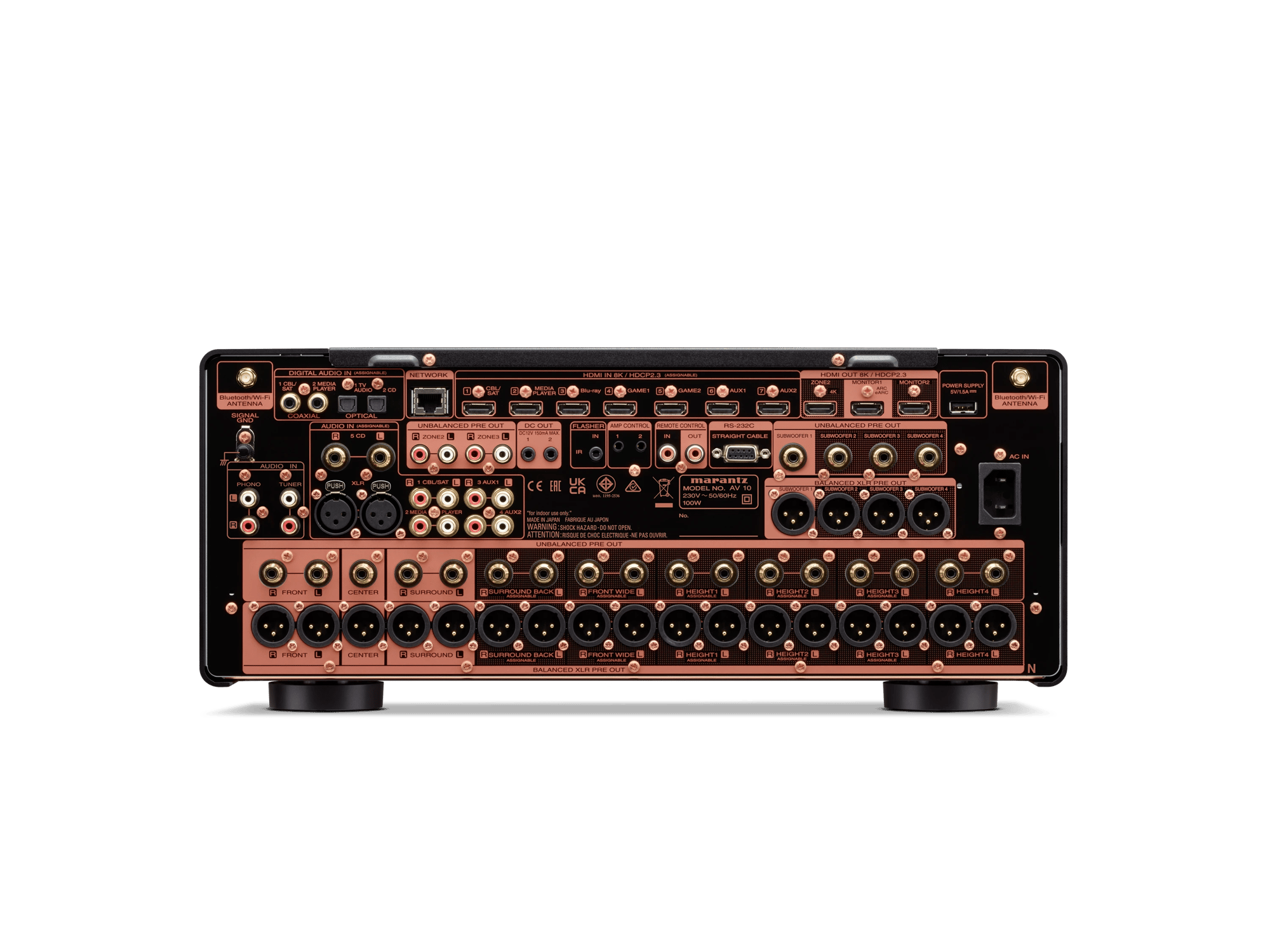 Rückseite des Marantz AV 10 mit verschiedenen Audio- und Videoanschlüssen.