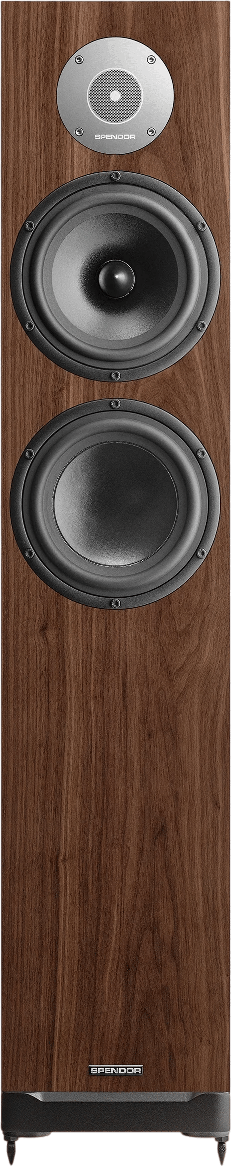 Spendor D7.2 Lautsprecher in Walnuss-Finish, Frontalansicht.