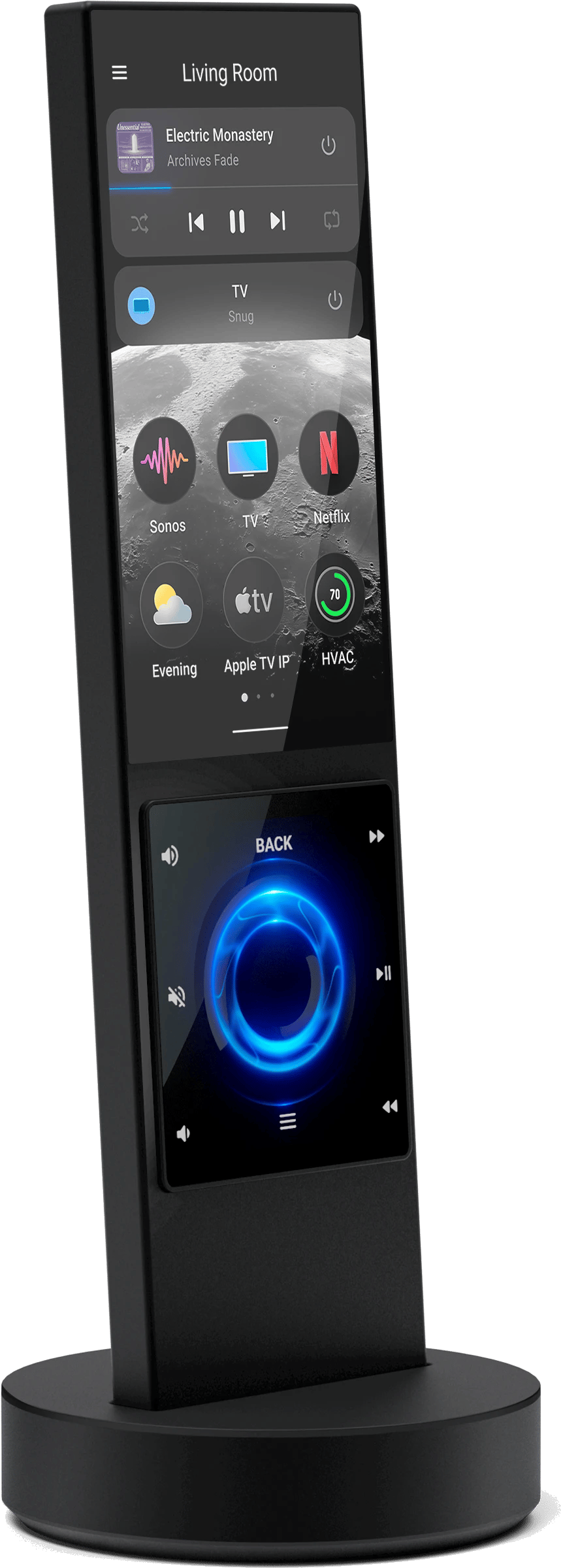AVA Cinema Remote mit Dynamic Keypad und 3D-Glas-D-Pad, Front-Rechtsansicht.