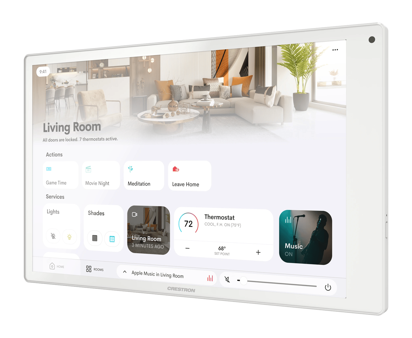 Crestron TSW-1080R-W Wandmontage-Touchscreen in einem Wohnzimmer.