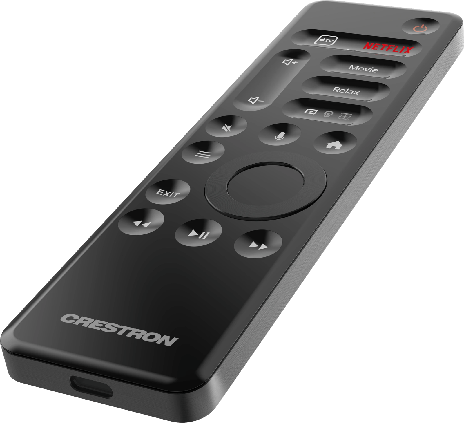Crestron HR-CV-MINI Handheld-Remote, Frontansicht rechts, mit verschiedenen Steuerungstasten.