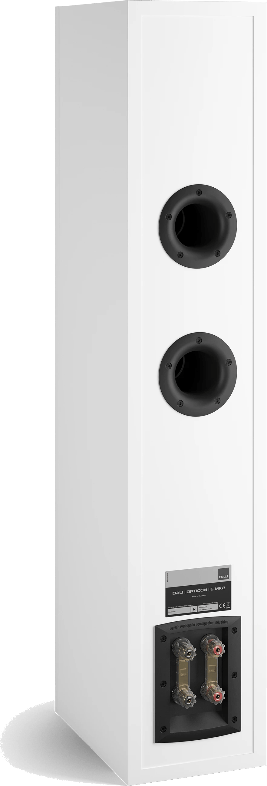 Rückansicht des DALI OPTICON 6 MK2 in Satinweiß, mit zwei Bassöffnungen und Anschlussklemmen.