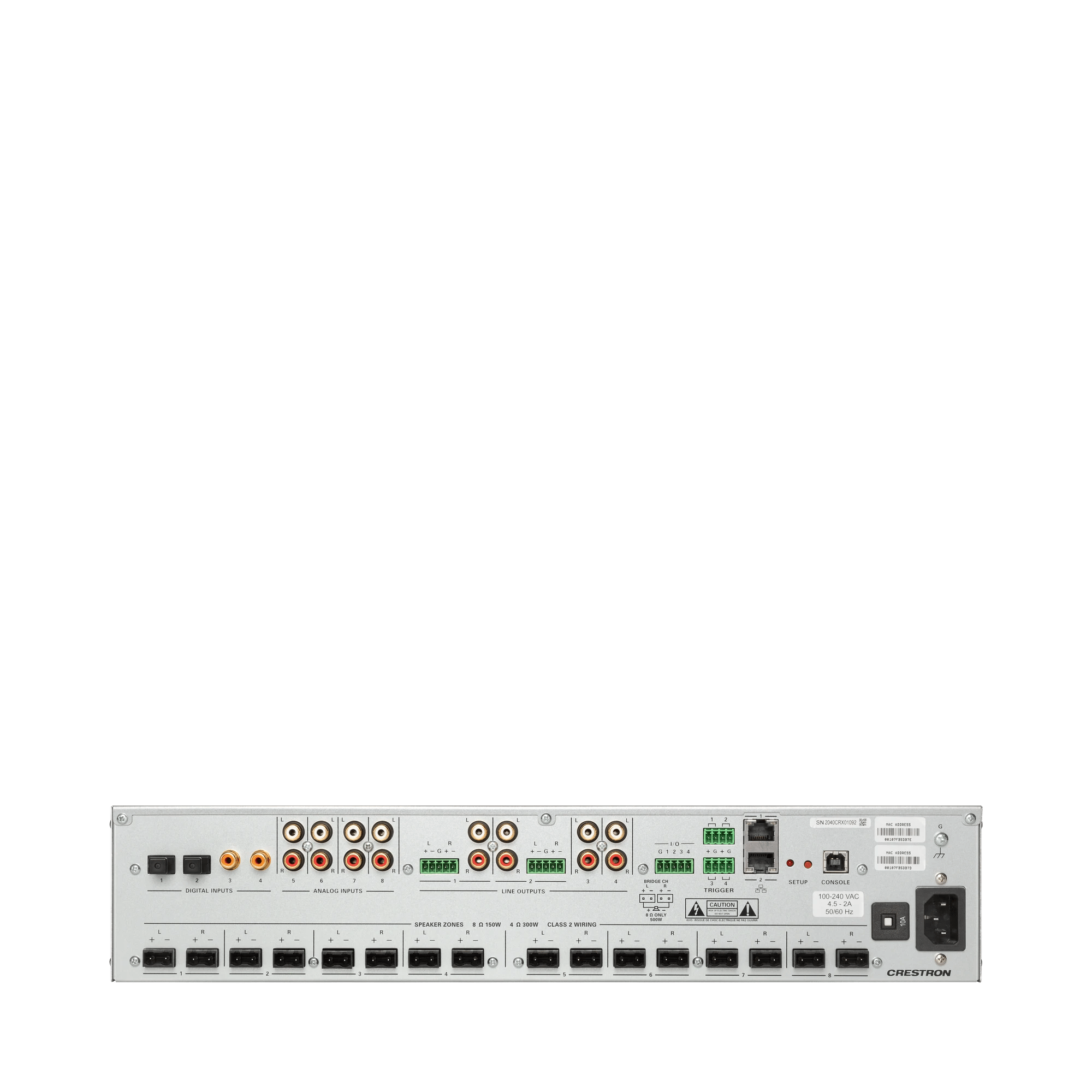 Rückansicht des Crestron DM-NAX-8ZSA 8-Zonen Streaming-Verstärkers mit sichtbaren Anschlüssen.