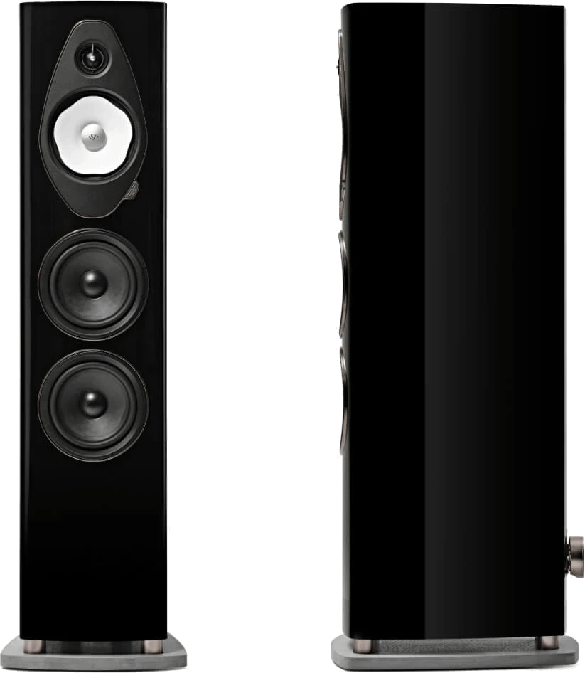 Sonus faber Sonetto V G2 schwarzer Standlautsprecher, Front- und Seitenansicht, Anschlüsse sichtbar.