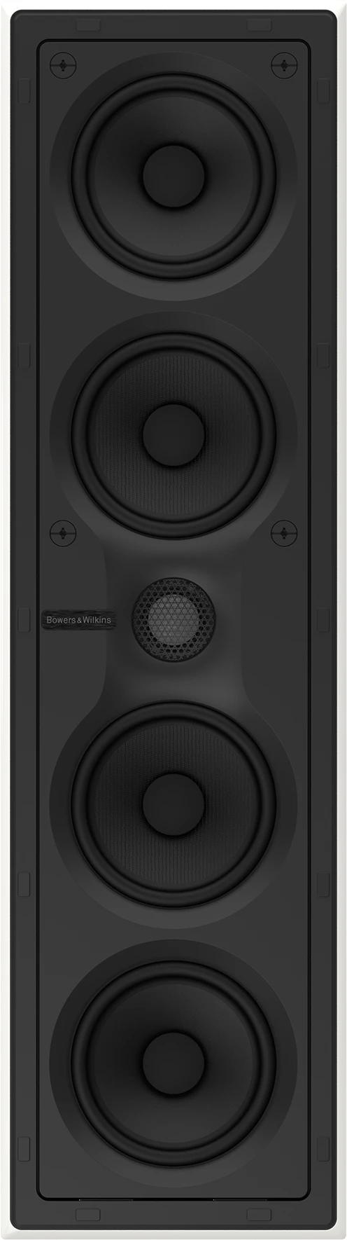 Frontansicht des Bowers & Wilkins CWM7.4 S2 in Schwarz, mit vier Treibern.