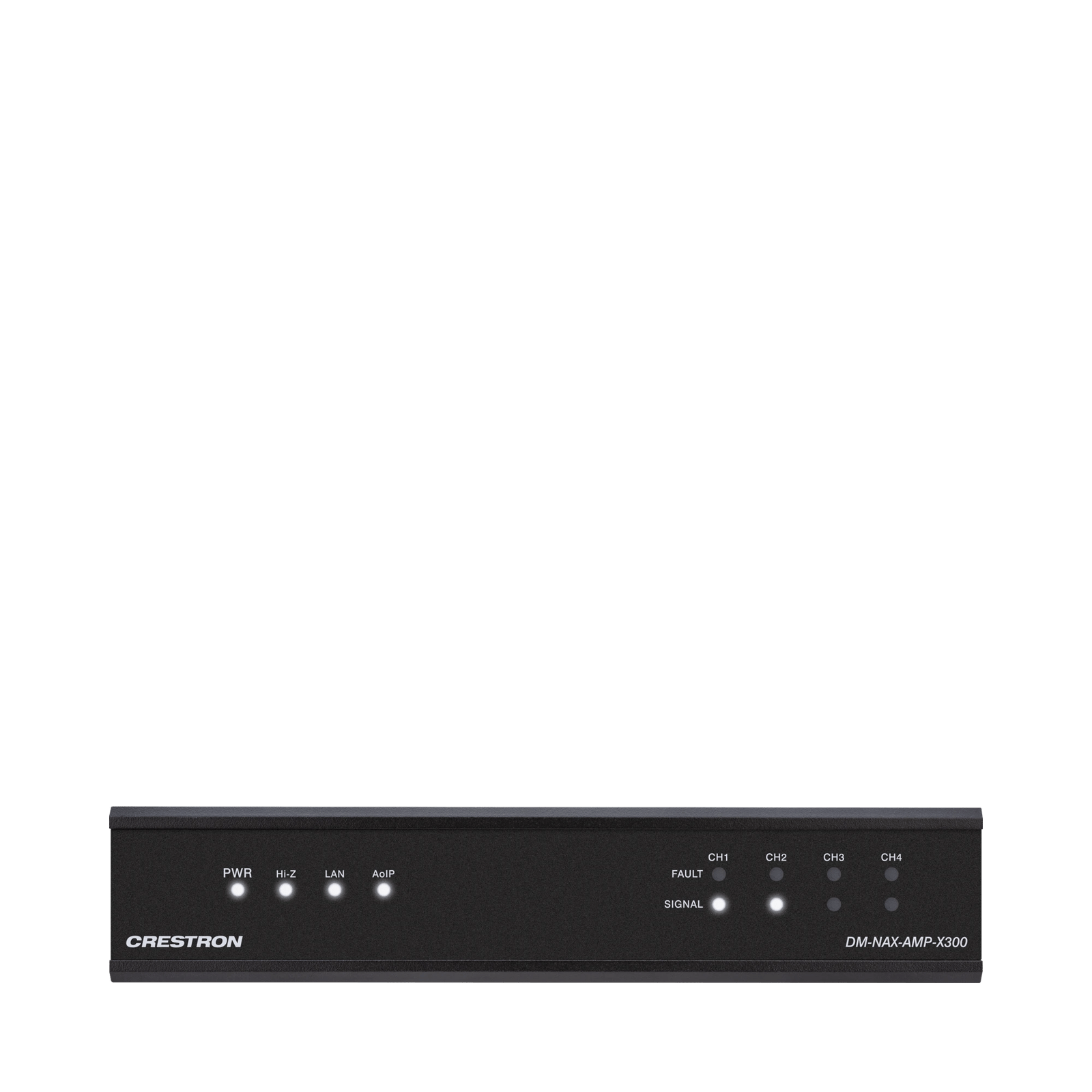 Frontansicht des Crestron DM-NAX-AMP-X300 Verstärkers mit Anzeigeleuchten.