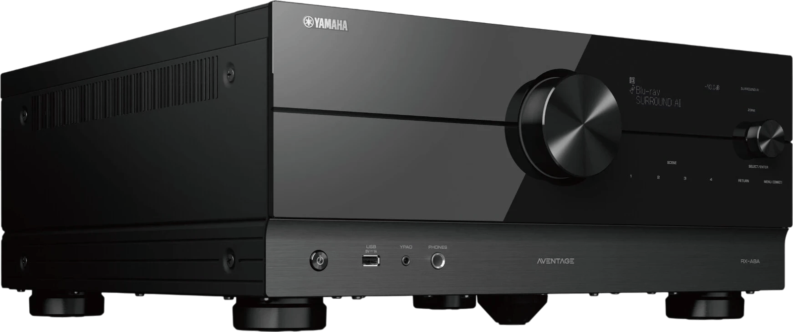 Yamaha RX-A8A AVENTAGE-Receiver, Vorderansicht rechts mit sichtbaren Anschlüssen.